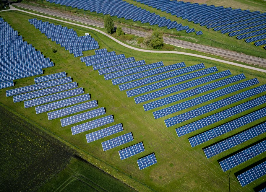 Aerial view of a large solar farm